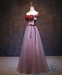 Pink Tulle Lace Applique Long Prom Dress, Burgundy Lace Evening Dress