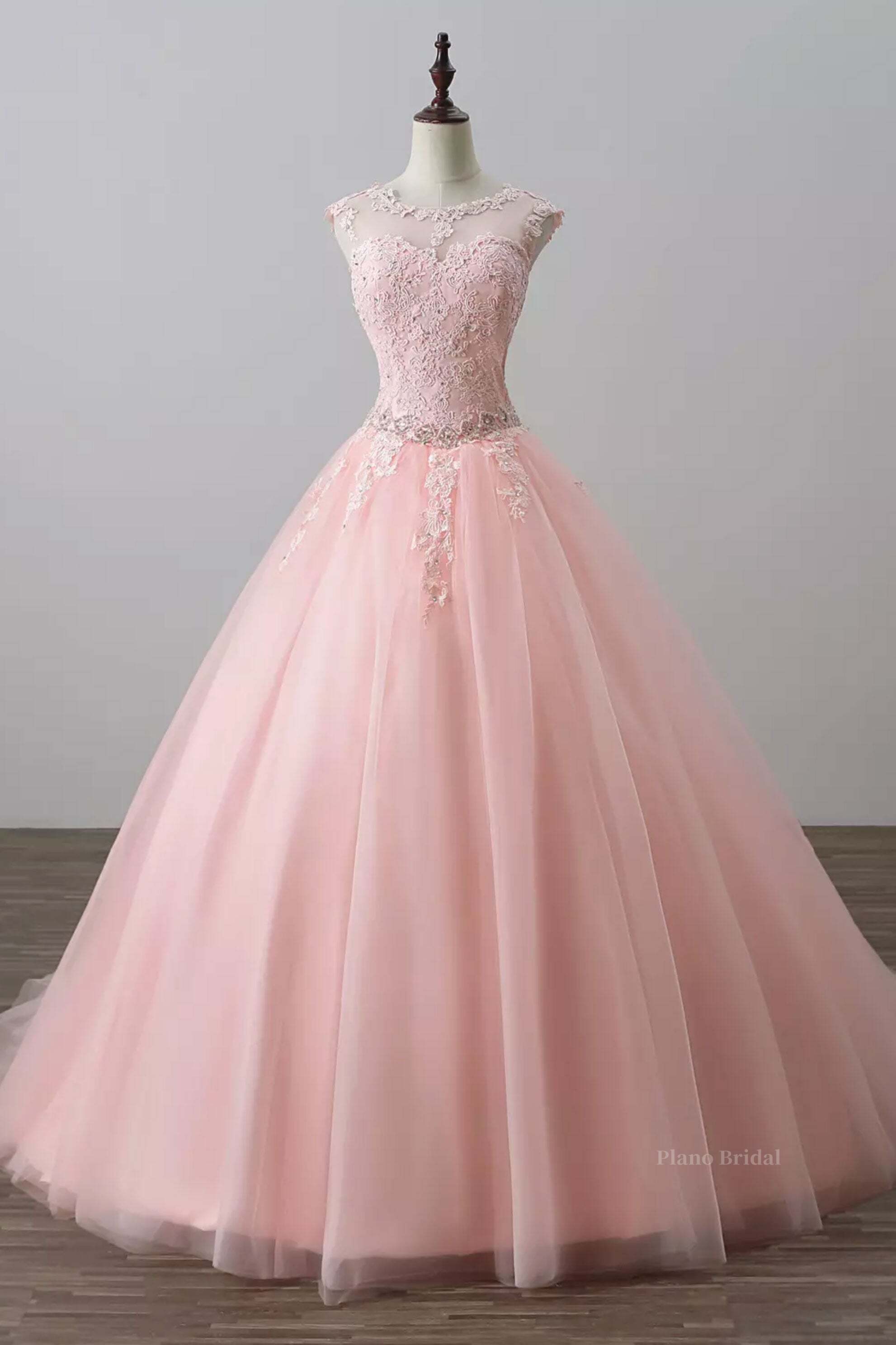 Pink tulle lace long prom dress, pink tulle evening dress