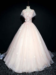 Pink tulle lace long prom dress, pink tulle lace evening dress