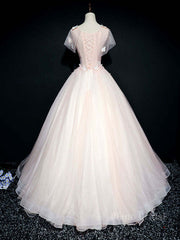 Pink tulle lace long prom dress, pink tulle lace evening dress