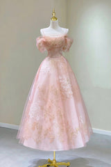 Pink Tulle Lace Short A-Line Prom Dress, Cute Off the Shoulder Party Dress