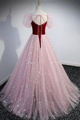 Pink Tulle Long A-Line Prom Dress, Lovely Short Sleeve Evening Party Dress