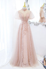 Pink Tulle Long A-Line Prom Dress, Pink Short Sleeve Evening Party Dress