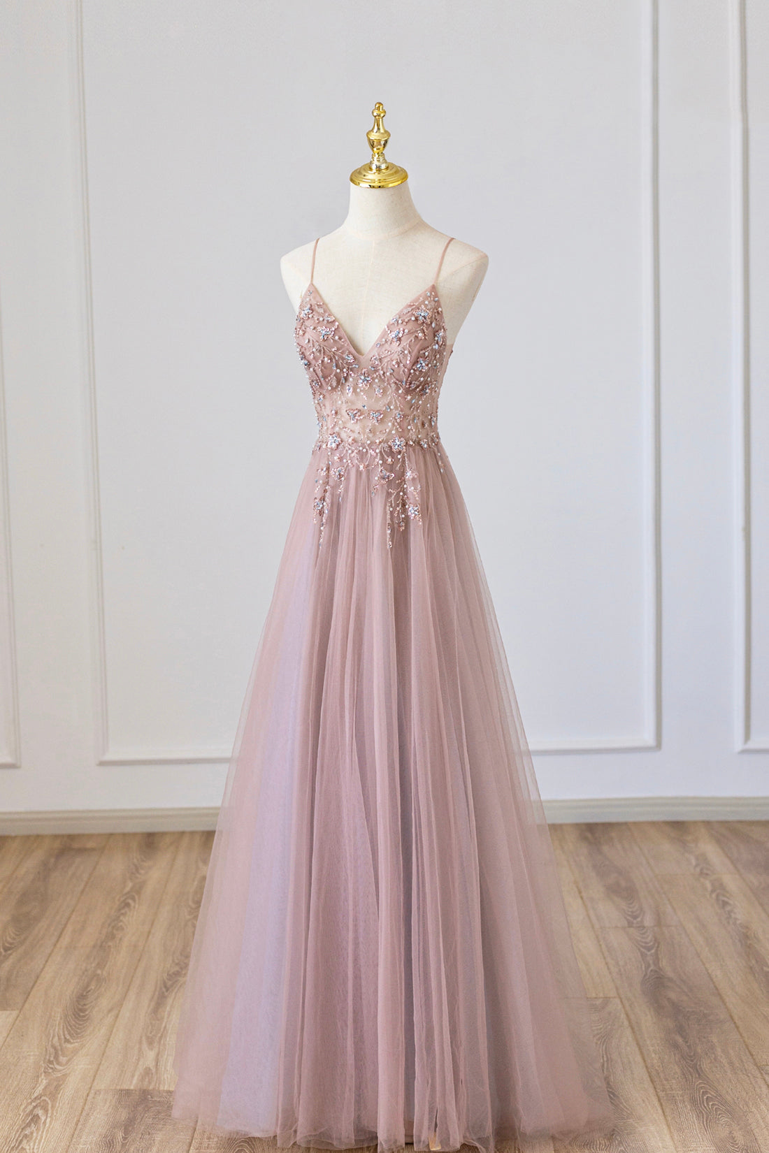 Pink Tulle Long A-Line Prom Dress, Pink Spaghetti Formal Dress with Beaded