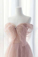 Pink Tulle Long A-Line Prom Dresses, Pink Evening Dresses with Bow