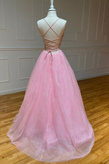 Pink Tulle Long Backless Prom Dress, A-Line V Neck Party Dress