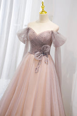 Pink Tulle Off the Shoulder Prom Dress with Beaded, A-Line Formal Evening Dress