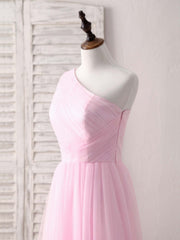 Pink Tulle One Shoulder Long Prom Dress Pink Bridesmaid Dress