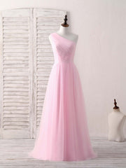 Pink Tulle One Shoulder Long Prom Dress Pink Bridesmaid Dress