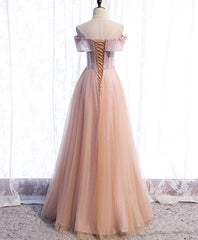 Pink Tulle Sequin Beads Long Prom Dress, Pink Tulle Formal Dresses