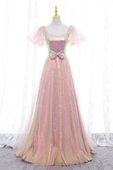 Pink Tulle Sequins Long Prom Dress, Cute Short Sleeve Evening Dress