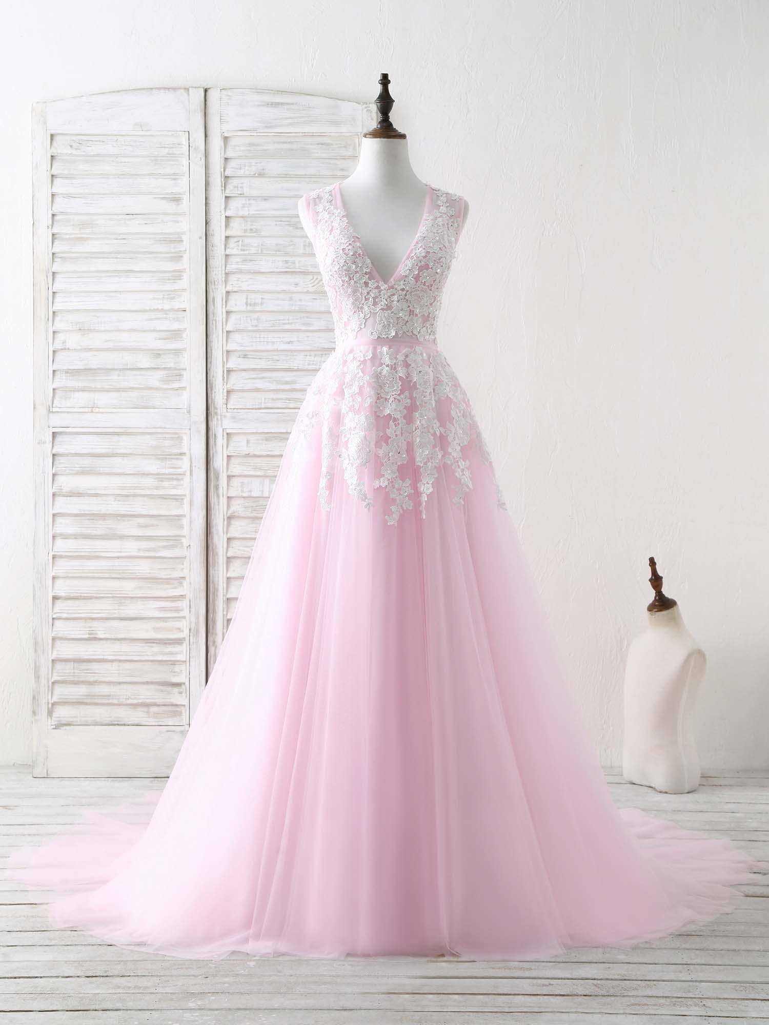 Pink V Neck Tulle Lace Applique Long Prom Dress Pink Evening Dress