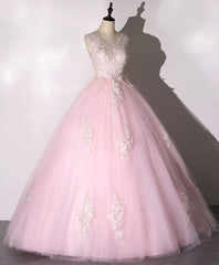 Pink V Neck Tulle Lace Long Prom Dress Pink Tulle Formal Sweet 16 Dress