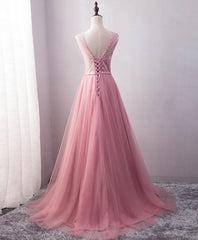 Pink Tulle Long A Line Prom Dress, Pink Evening Dress