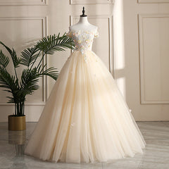 Pretty Tulle Champagne Off Shoulder  Prom Dress, Flowers Lace Formal Dress