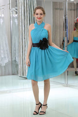 Princess Halter Neck Knee Length Chiffon Bridesmaids Dresses With Flower