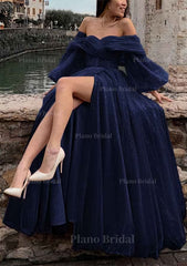 Princess Off The Shoulder Sweep Train Tulle Prom Dress With Pleated Split