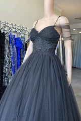 Princess V Neck Black Tulle Cold-Shoulder Long Prom Gown Formal Dresses