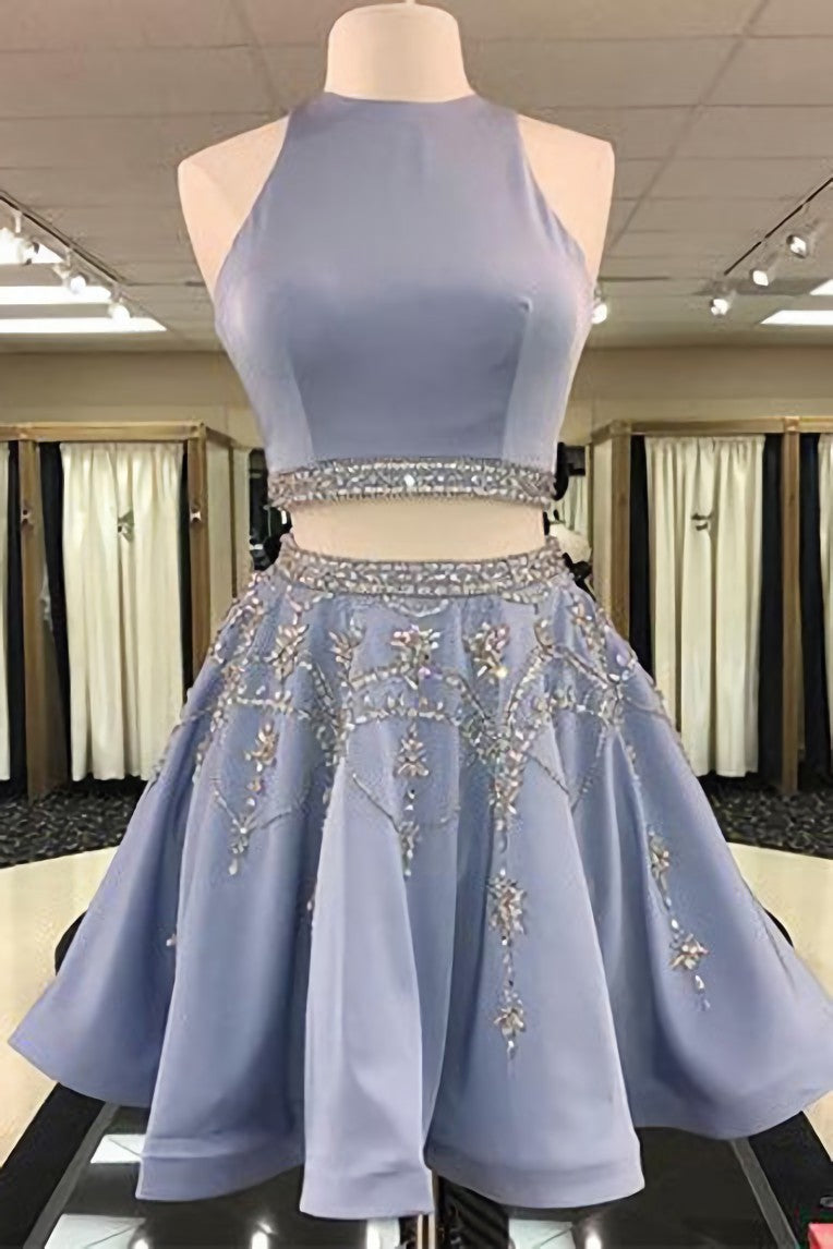 Stylish Two Piece A Line Jewel Sleeveless Short With Beading Prom Dresses