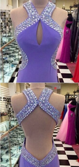 Beaded A-line Lavender Purple Halter Neck Backless Long Evening Dresses