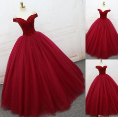 Red Ball Gown Prom Dress, Elegant Off Shoulder Prom Dress, Long Evening Dress