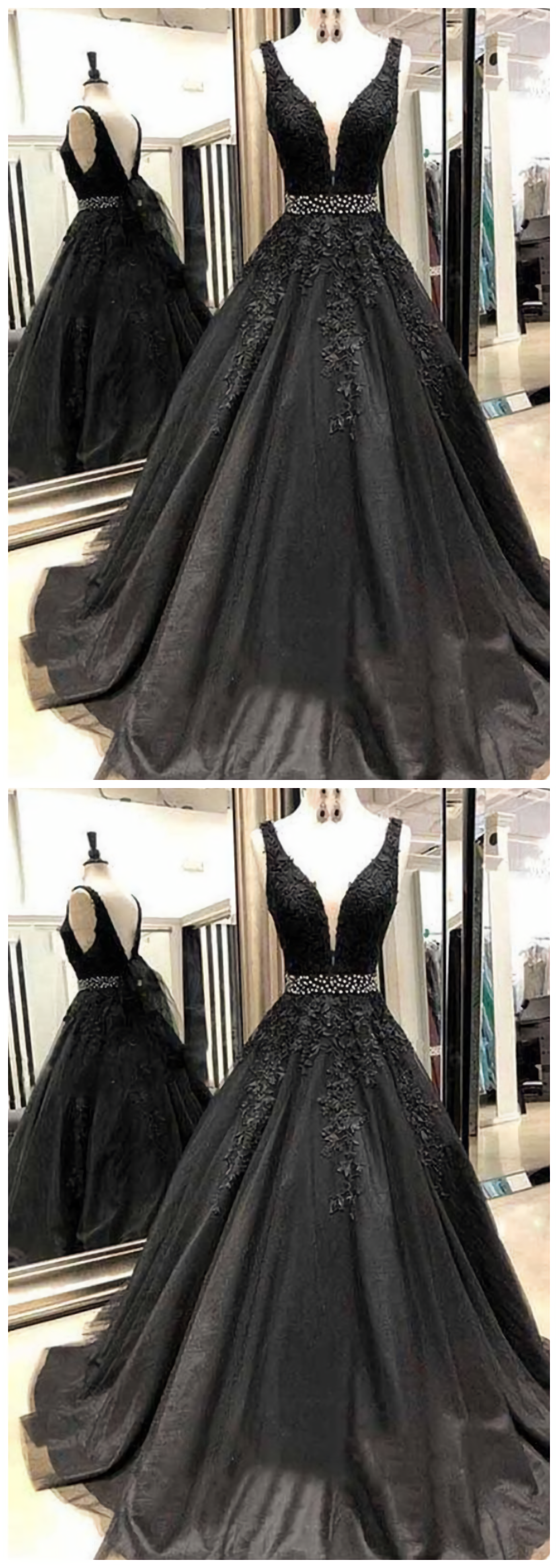 Black Appliques Prom Dress With Beaded Waist A Line Tulle Long Graduation Dresses