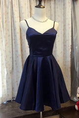 Simple Navy Blue Satin A Line V Neck Short Prom Dress, Homecoming Dress