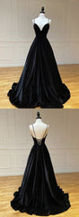 Black V Neck Long A Line Prom Dress, Evening Dresses