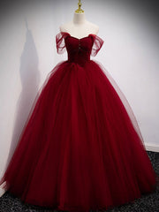 Burgundy Sweetheart Tulle Long Prom Dress, Burgundy Evening Dress