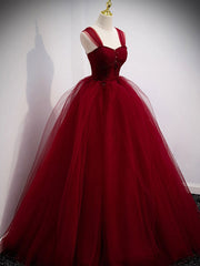 Burgundy Sweetheart Tulle Long Prom Dress, Burgundy Evening Dress