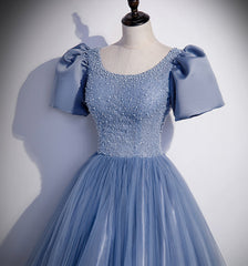 Blue Tulle Long Prom Dress, A Line Evening Gown