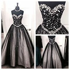 Black White Tulle Long Sweetheart Beaded Bodice For Teens Juniors Prom Dresses