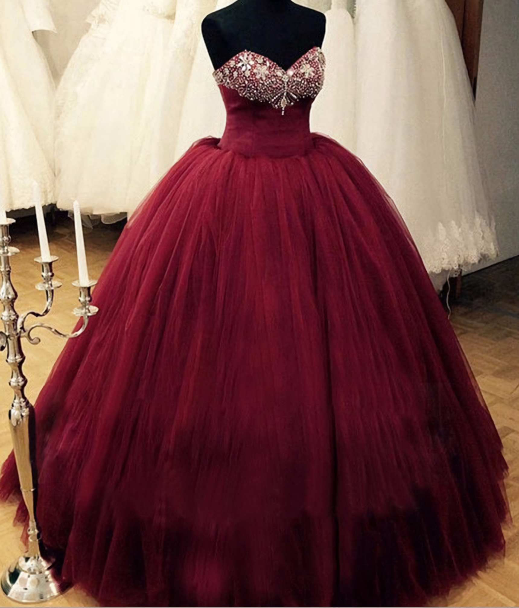 Puffy Burgundy Qinceanera Beaded Top Corest Lace-Up Back Floor Length Princess Vestidos De Debutante Prom Dresses