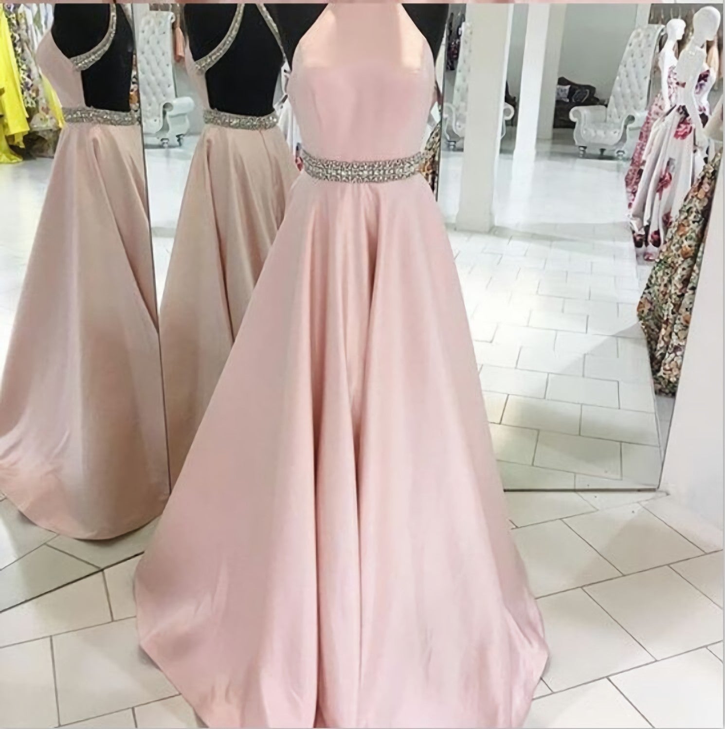 Pink Backless Halter Simple Handmade Plus Size Elegant Prom Dresses