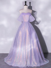 Purple A-Line Tulle Sequin Long Prom Dress, Purple Sequin Long Formal Dress