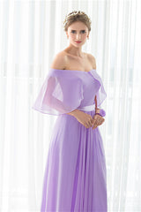 Purple Chiffon Off The Shoulder Long Bridesmaid Dresses