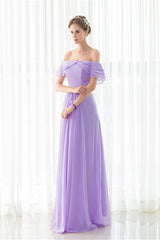 Purple Chiffon Off The Shoulder Long Bridesmaid Dresses