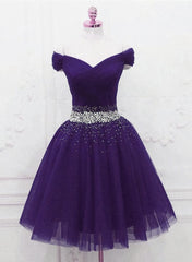 Purple Off Shoulder Knee Length Beaded Tulle Homecoming Dress, Sweetheart Short Prom Dress