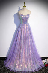 Purple Sequins Long A-Line Prom Dress, Purple Strapless Evening Graduation Dress