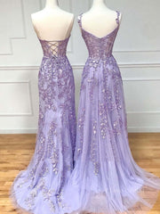 Purple sweetheart neck lace long prom dress, lace formal graduation dress