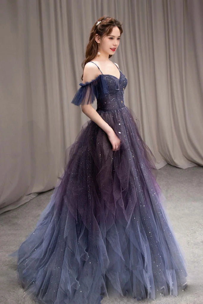 PURPLE SWEETHEART NECK TULLE LONG PROM DRESS PURPLE FORMAL DRESS