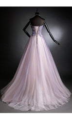 Purple Tulle Long Gradient Party Dress with Flower Lace Applique, Light Purple Prom Dresses