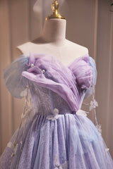 Purple Tulle Short Party Dress, Cute A-Line Off Shoulder Prom Dress