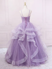 Purple V Neck Tulle Sequin Long Prom Dress Purple Tulle Formal Party Dress