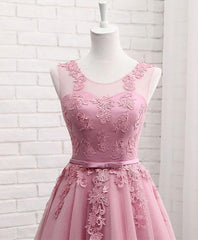 Pink Round Neck Lace Tulle Prom Dress, Lace Evening Dresses