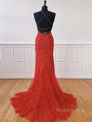 Red Backless Lace Prom Dresses, Red Open Back Lace Formal Evening Dresses