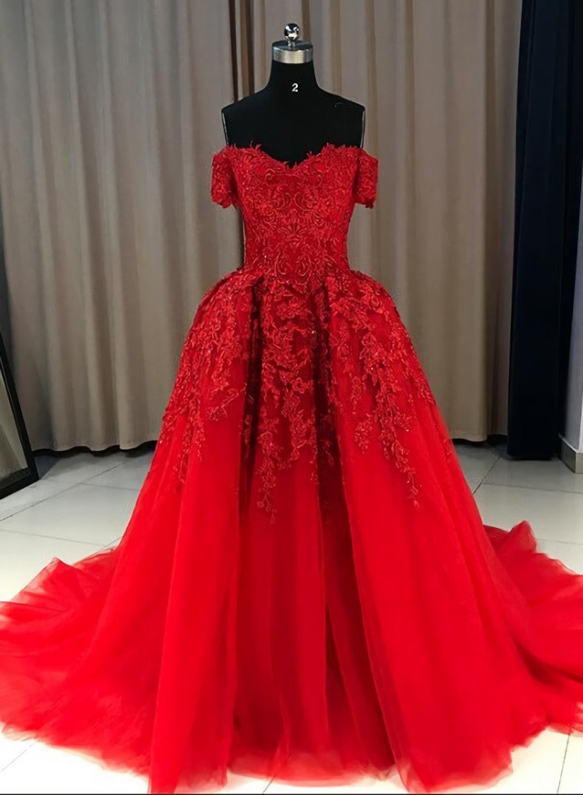 Red Gorgeous Sweetheart Off Shoulder Lace Applique Ball Gown Prom Dress, Red Evening Dress Party Dress