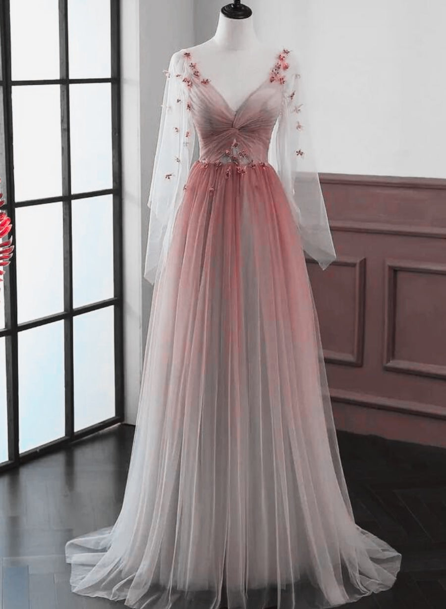 Red Gradient A-line Tulle with Lace Party Dress, Red Floor Length Prom Dress