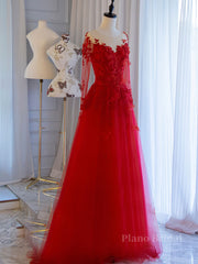 Red round neck tulle lace long prom dress, red evening dress