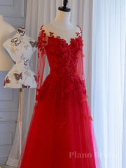 Red round neck tulle lace long prom dress, red evening dress